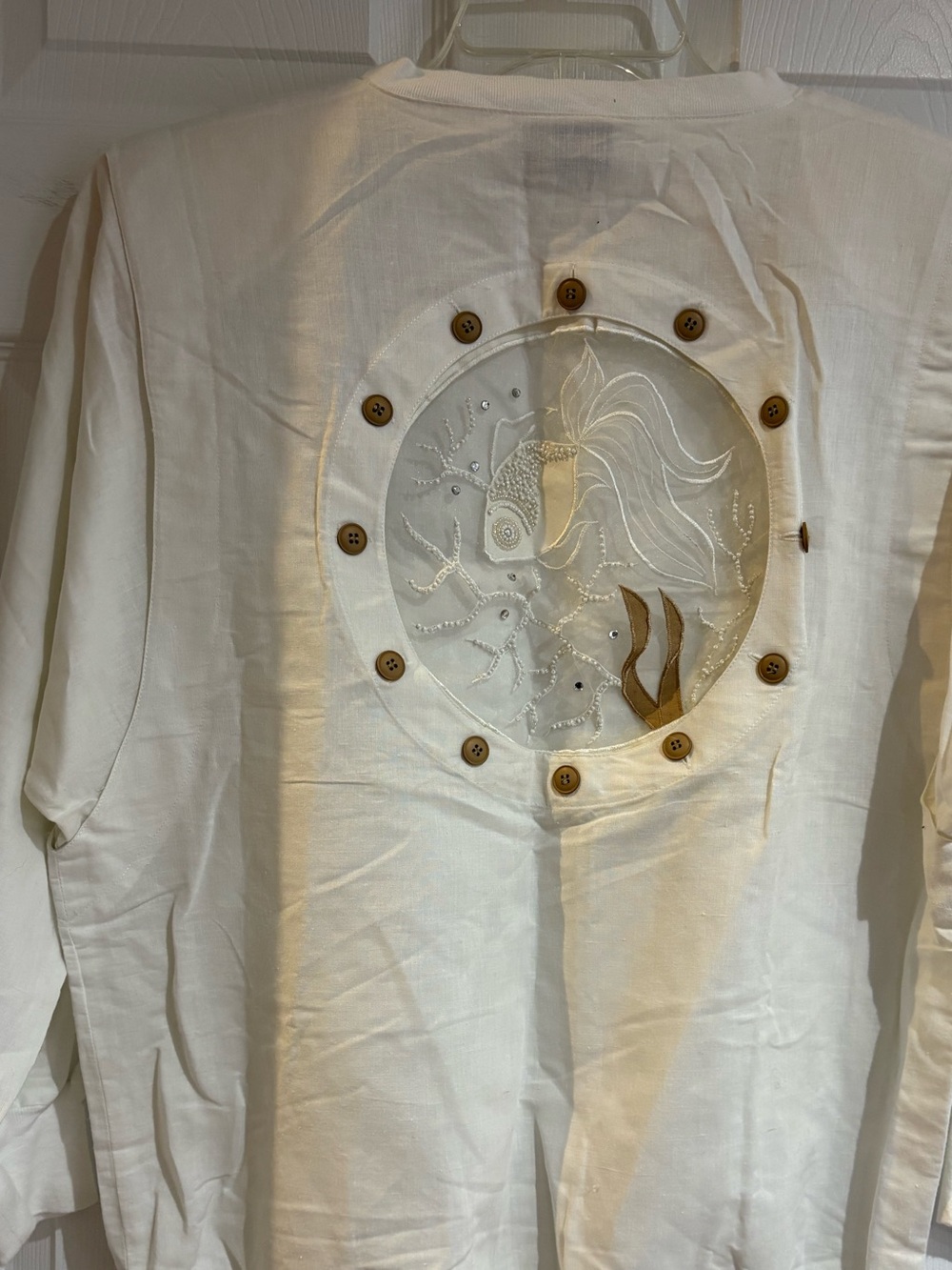 Vintage Bonnie Boerer white linen blouse with sequin & buttons peek a boo back.